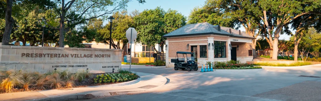 The front security gate at Presbyterian Village North