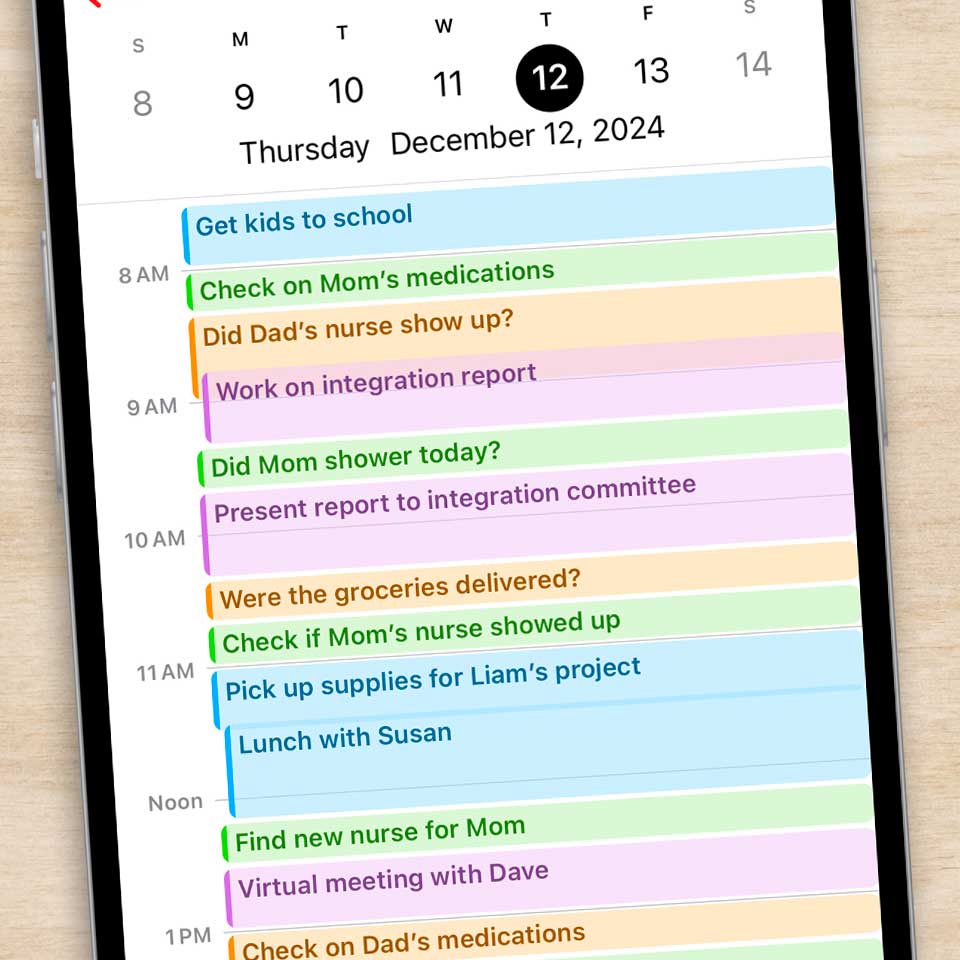 A calendar on a mobile phone of an adult child with a completely full schedule including items from work, family, and the needs of aging parents.